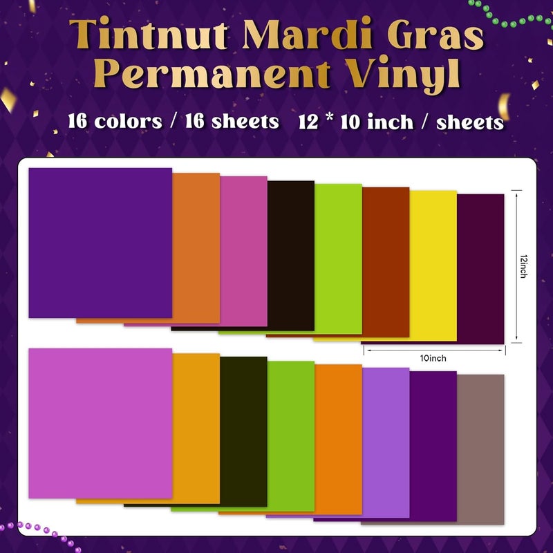 Tintnut Mardi Gras Permanent Vinyl - 16 Sheets 12"x10" Vintage Color Shrove Tuesday Adhesive Sheets Multicolored Permanent Adhesive Vinyl for Cutting Machine, Home Decor Self Sticker - Image 2